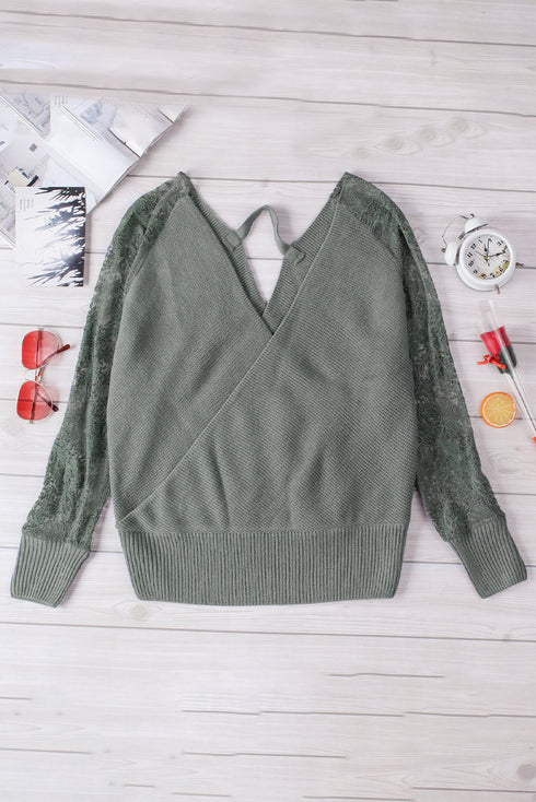Sexy V Neck Surplice Hollow-Out Sweater With Lace Sleeves